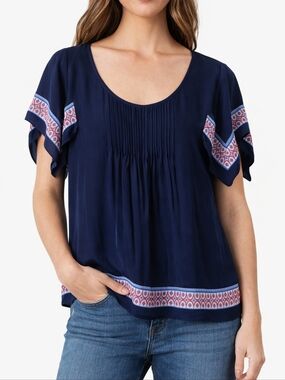 Banana Republic Silk Blouse Women M Navy Blue Boho Pintuck Top Flutter Sleeve